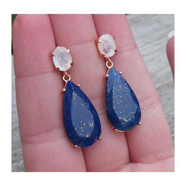 Gold plated earrings set with oval Moonstone and oval shape Lapis 