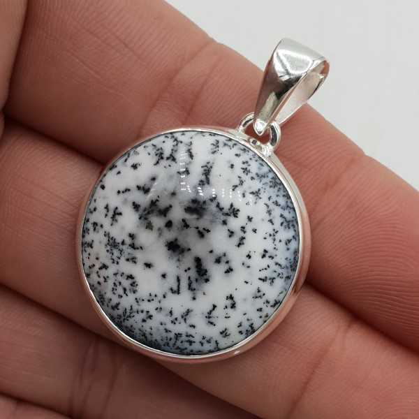 925 Sterling silver pendant round, Dendrite Opal,