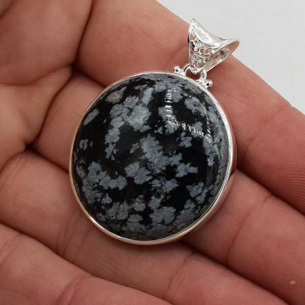 925 Sterling silver pendant, round, snowflake Obsidian,