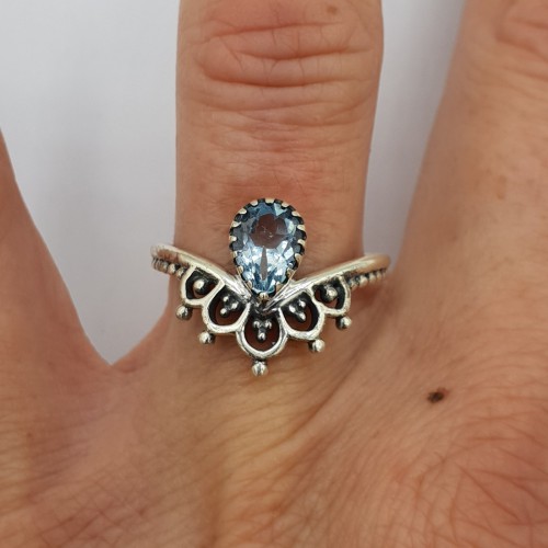 Silver ring with drop -shaped blue topaz 17.3 mm