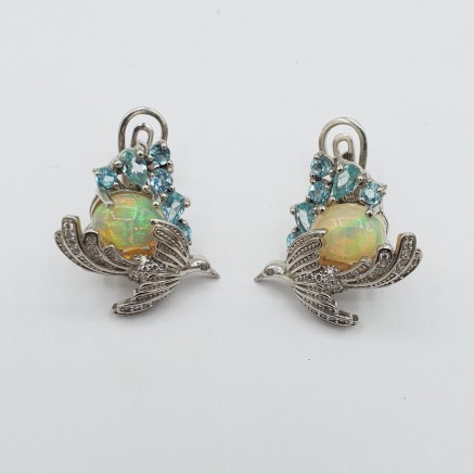 Silver earrings bird set with apatite and Ethiopian opal