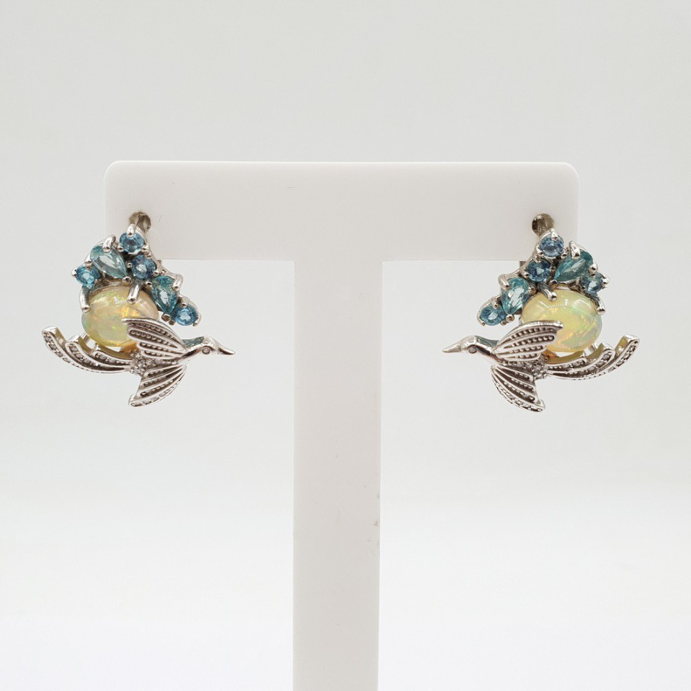 Silver earrings bird set with apatite and Ethiopian opal