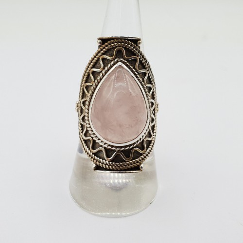 Silbere Edelstein -Ring -Set mit Drop -Shaped Rose Quartz 18 mm