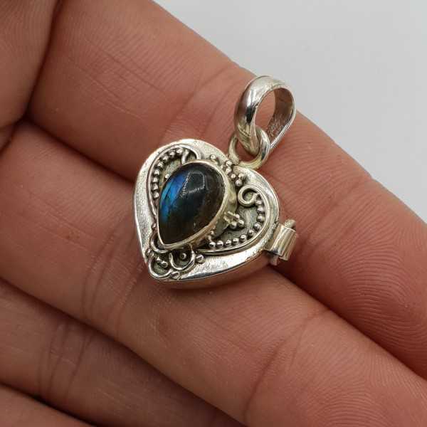 Zilveren locket hart hanger gezet met Labradoriet