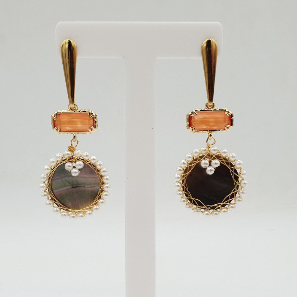 Gilt earrings mother -of -pearl and orange cat eye