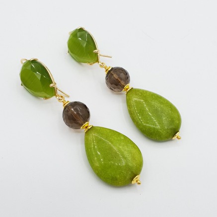 Gilded earrings Green Cat Eye Jade and Smokey Topaz