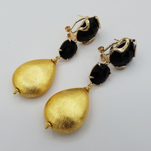 Gilded earrings with cat eye and brushed drop