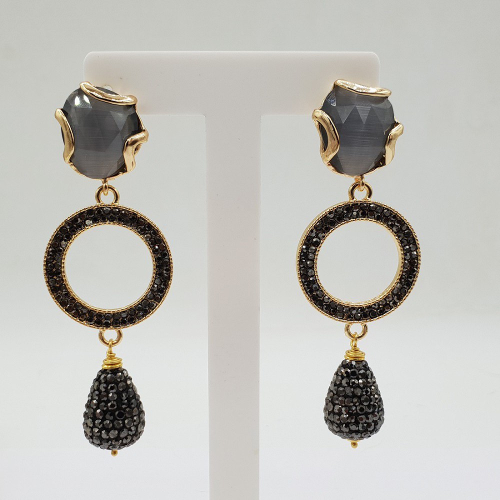 Gilded earrings gray cat eye and drop crystals