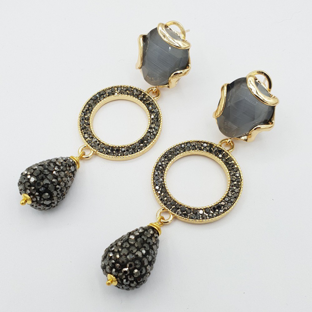 Gilded earrings gray cat eye and drop crystals