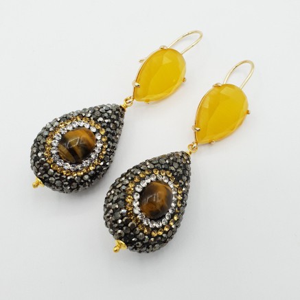 Gilded earrings yellow cat eye crystals and tiger eye