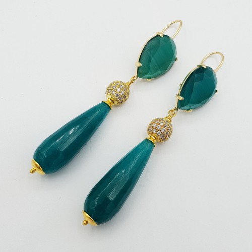 Gilded earrings with green jade and cat eye