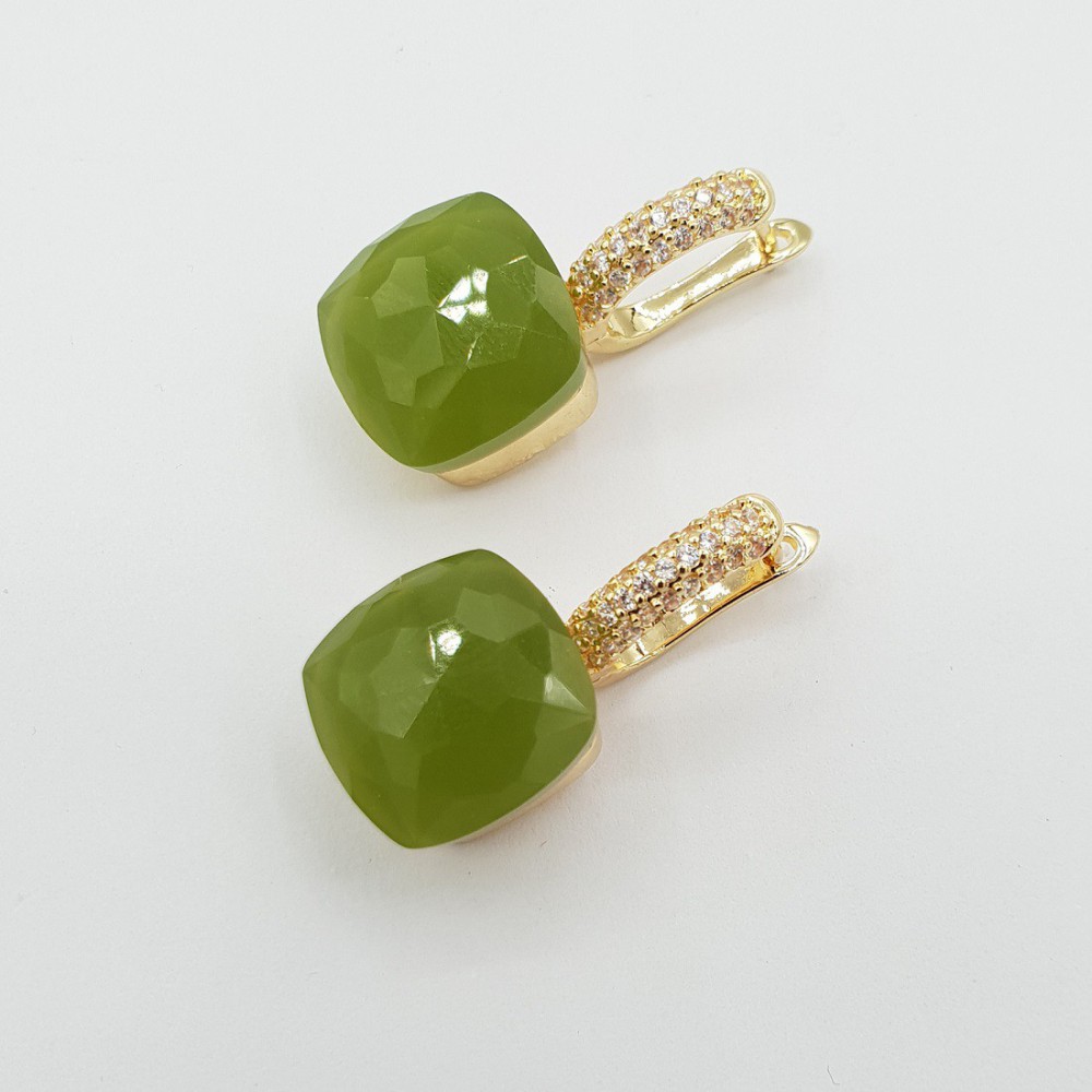 Gold -in earrings square stone and Zirconia's apples green