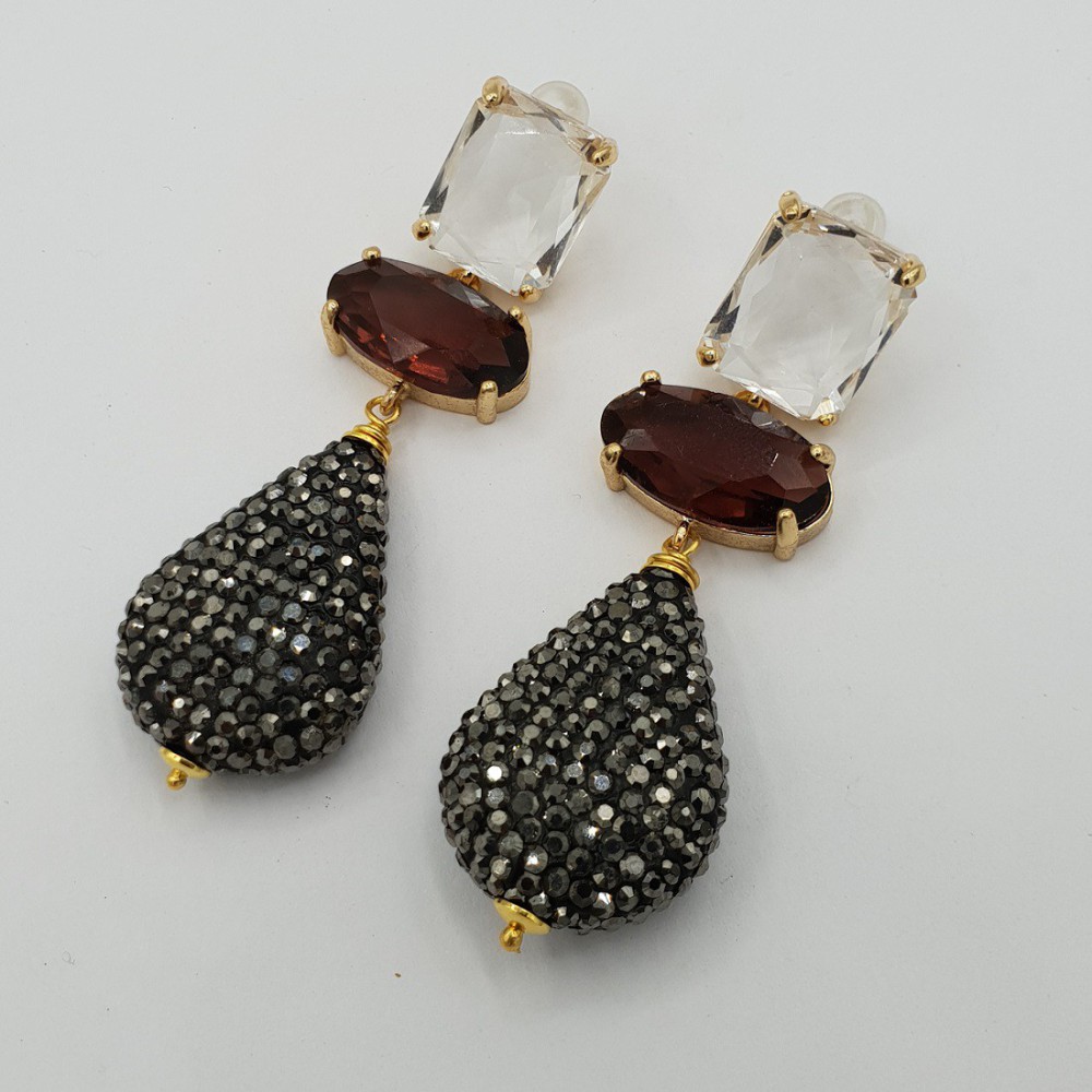 Gilded earrings crystal and drop of black boxes