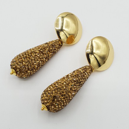 Gilt earrings long drop of golden crystals