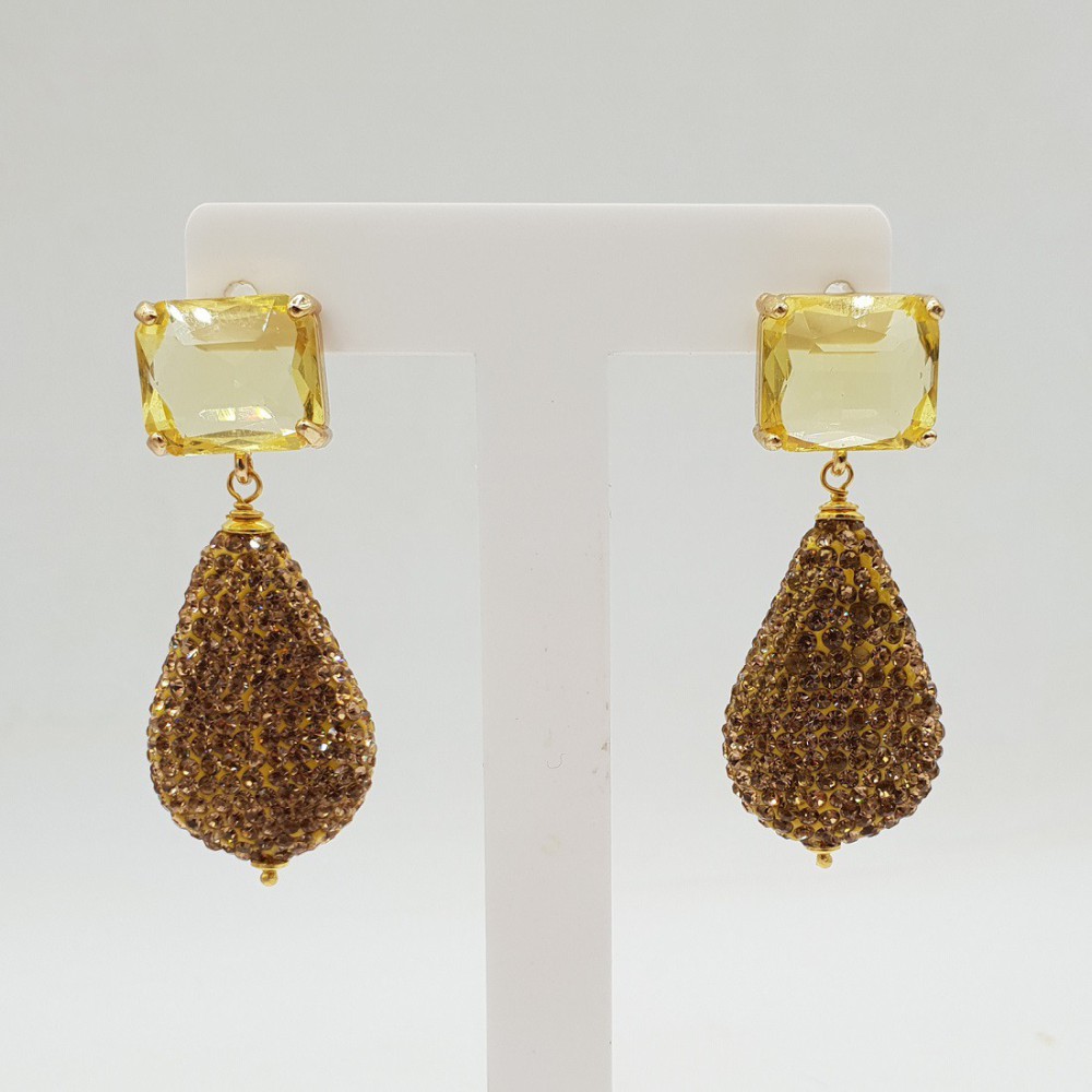 Gilded earrings drop golden crystals and crystal