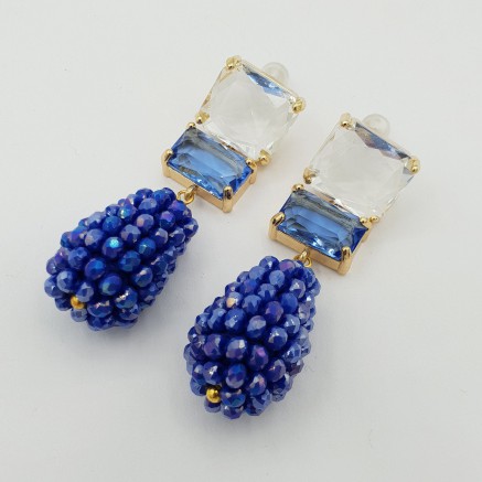 Gilded earrings drop blue crystals and crystal