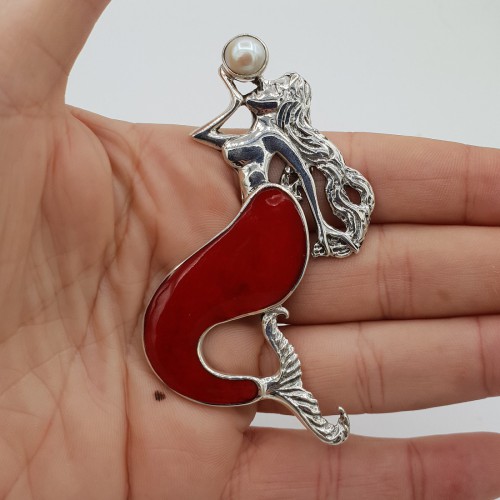 Silver pendant mermaid set with coral and pearl