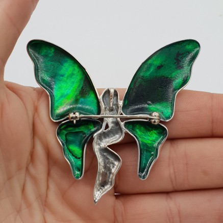 Silver butterfly pendant brooch set with Abalone Schelp