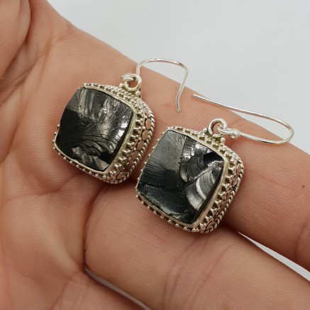 Silver earrings square shungite in edited setting