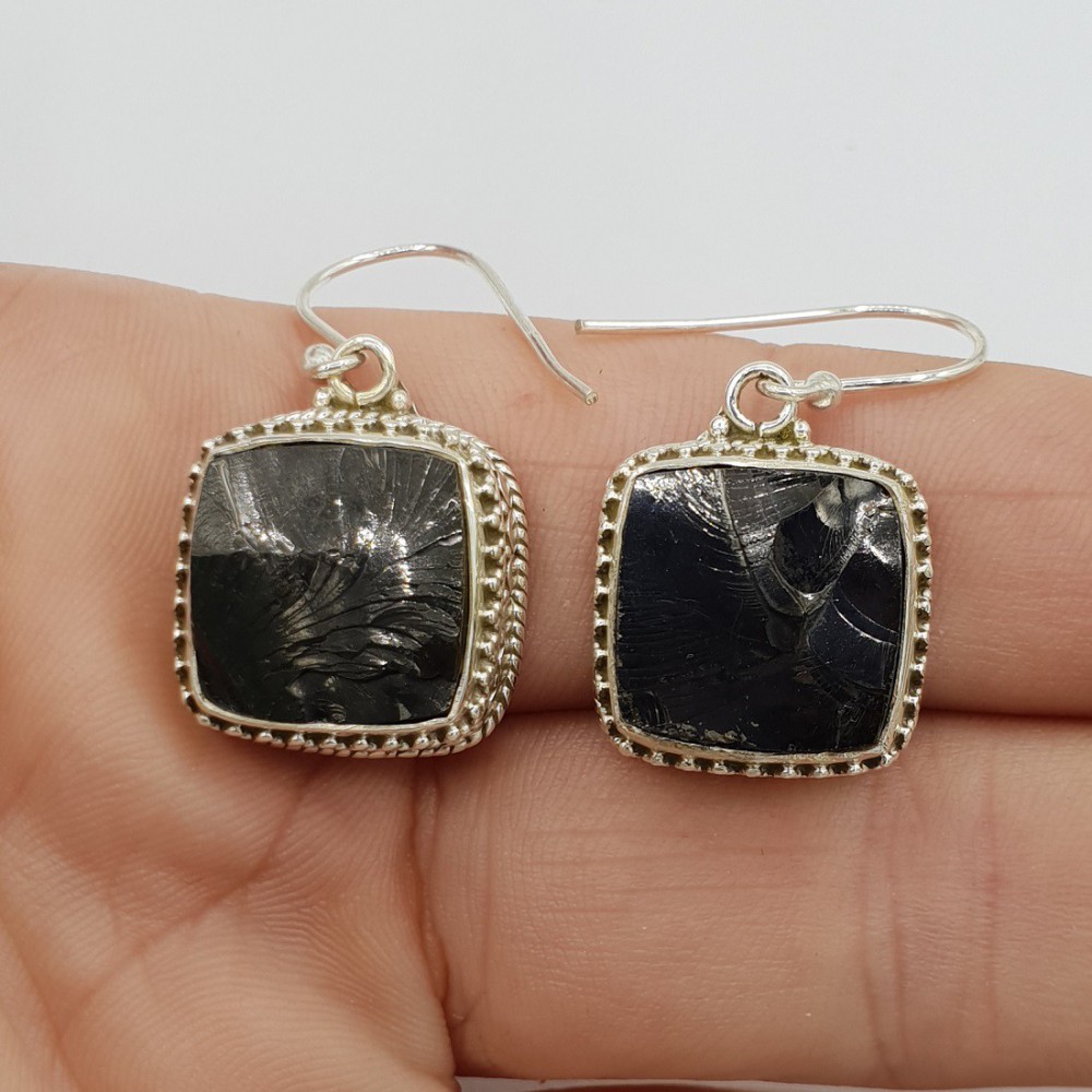 Silver earrings square shungite in edited setting