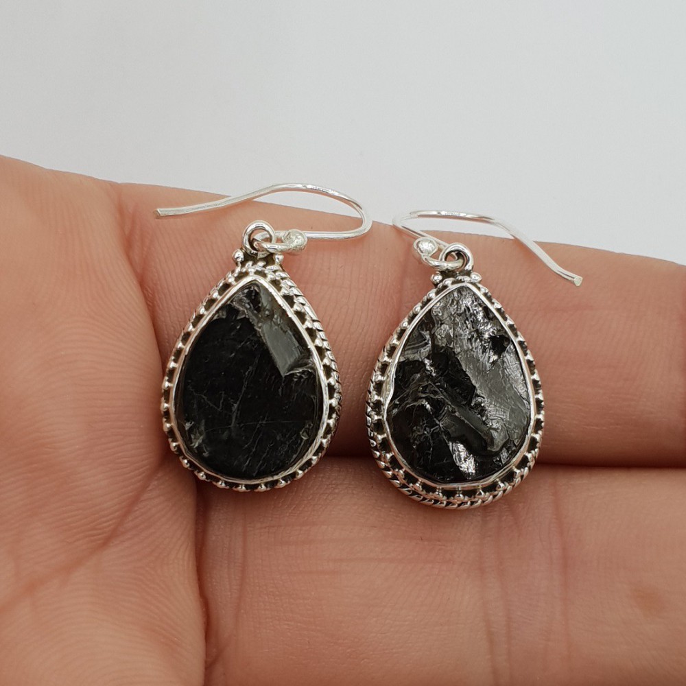 Silver earrings drop -shaped shungite in edited setting