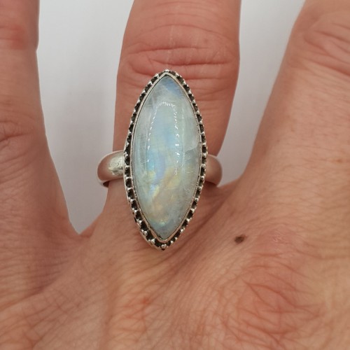 Silver ring set with Marquise rainbow moonstone 16.5 mm