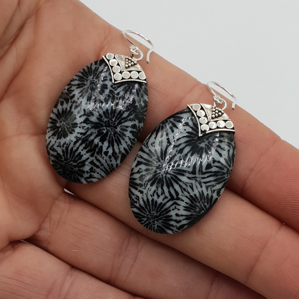 925 Sterling silver earrings oval black coral