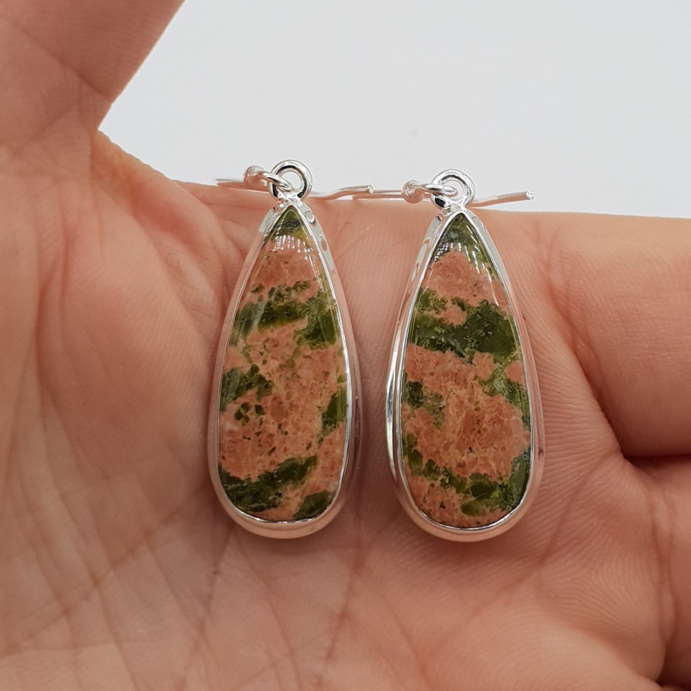 925 Sterling silver earrings narrow drop -shaped unakite