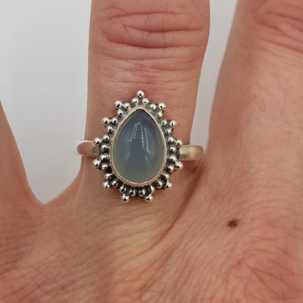 925 Sterling Silver ring drop -shaped Aqua Chalcedone 17 or 17.5 mm