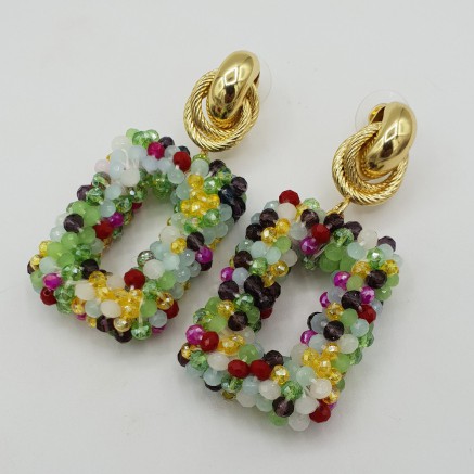 Gilded earrings with rectangular Multi Colors Crystal Pendant