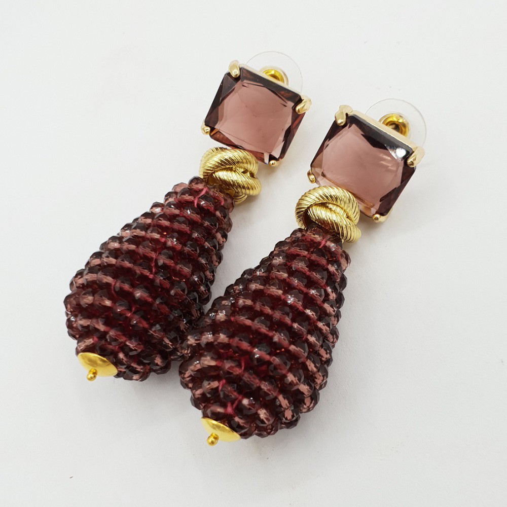 Gilded earrings with large crystal drop and crystal