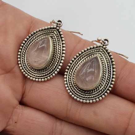 Silver earrings drop -shaped Cabachon Rose Quartz edited setting