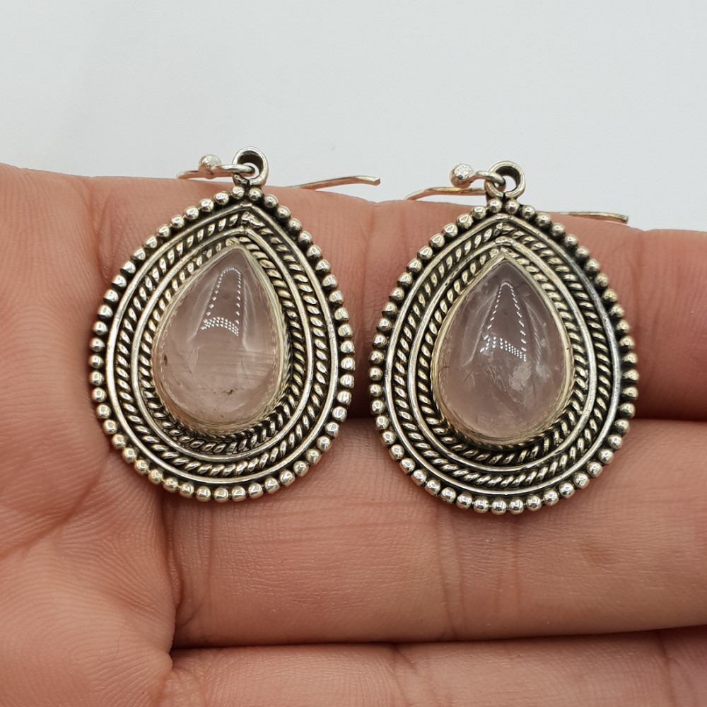 Silver earrings drop -shaped Cabachon Rose Quartz edited setting