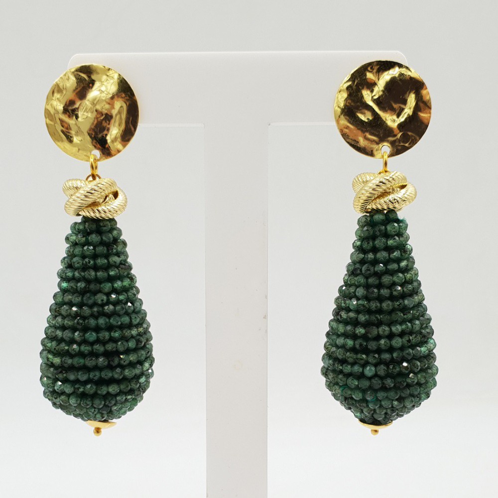 Gilded earrings with a large drop of Emerald stones