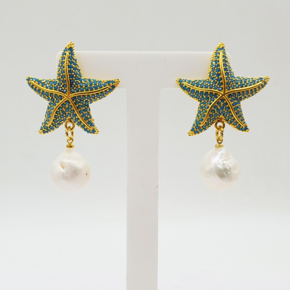 Gilded earrings starfish with pearl