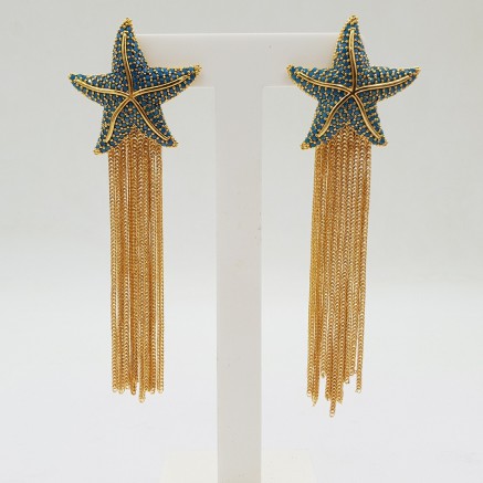 Gilded earrings starfish with turquoise blue crystals