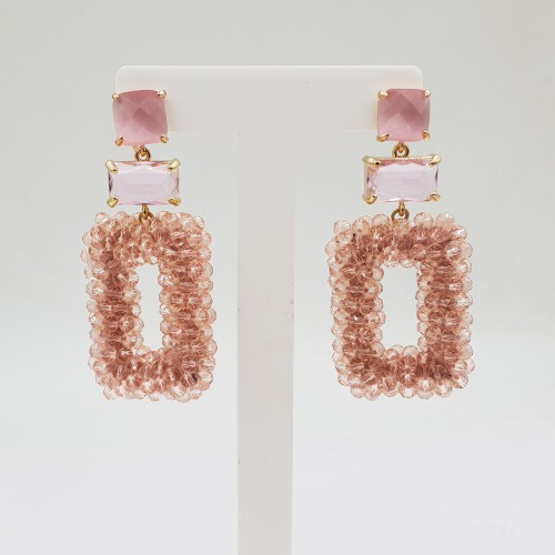 Gilded earrings with rectangular pink crystal pendant and crystal