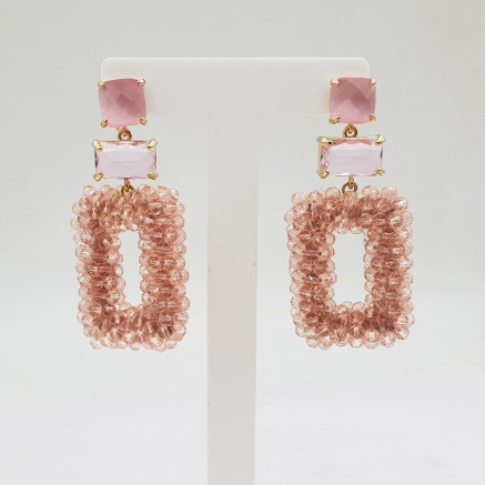 Gilded earrings with rectangular pink crystal pendant and crystal