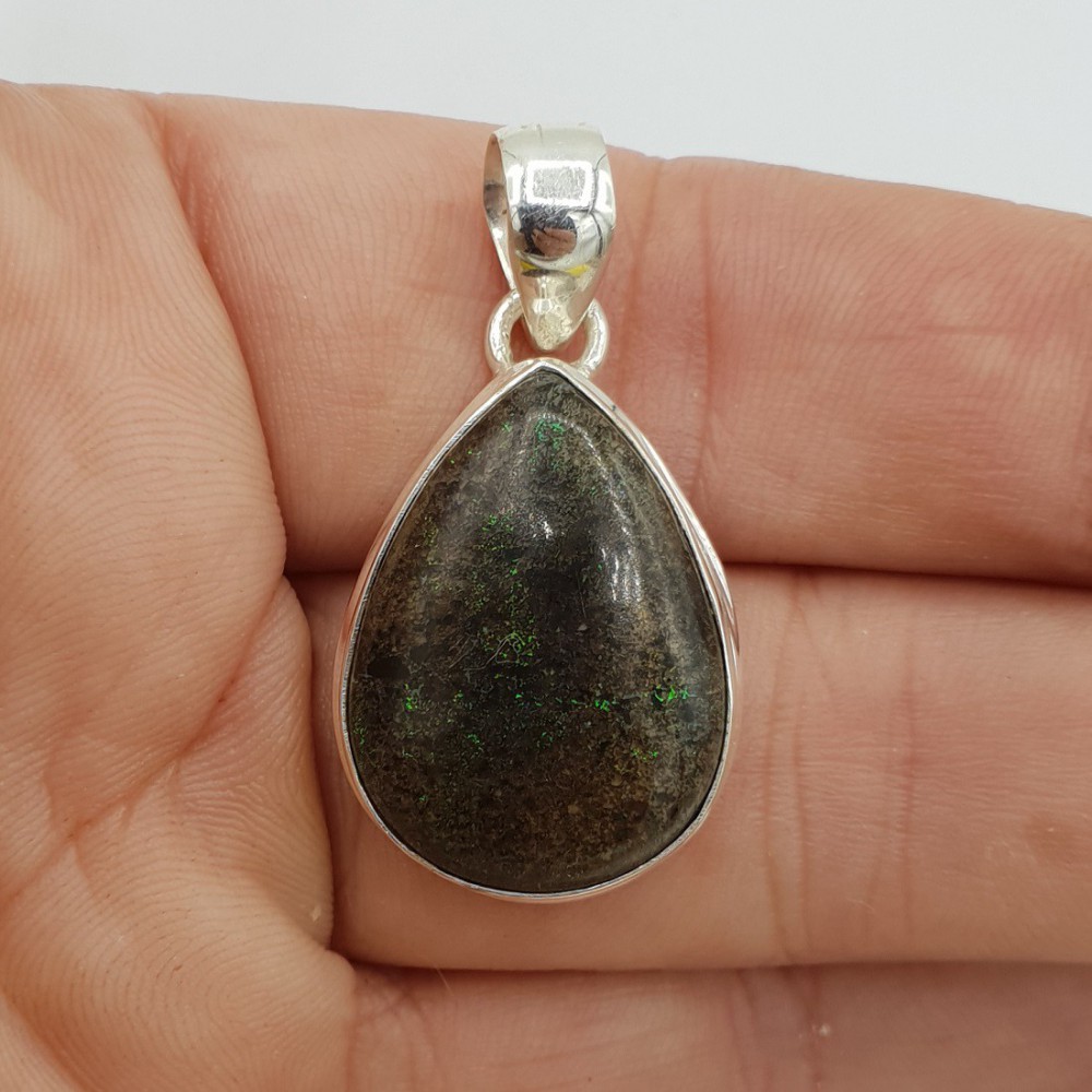 925 Sterling Silber -Anhänger mit Drop -Shaped Black Matrix Opal