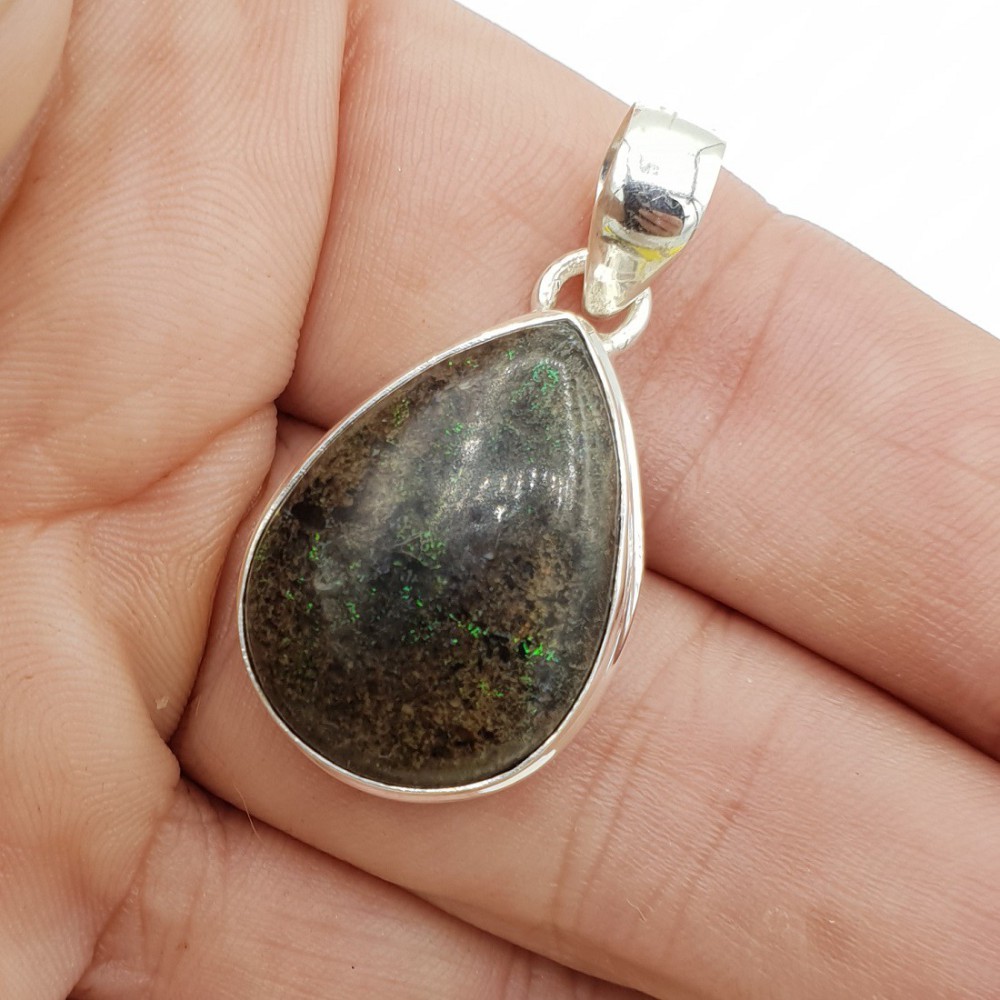 925 Sterling silver pendant with drop -shaped black matrix opal