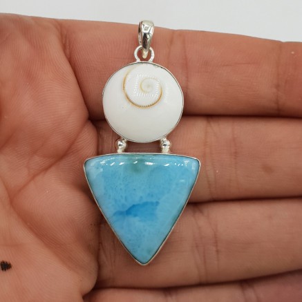 925 Sterling Silver Pendant with Larimar and Shiva Schelp