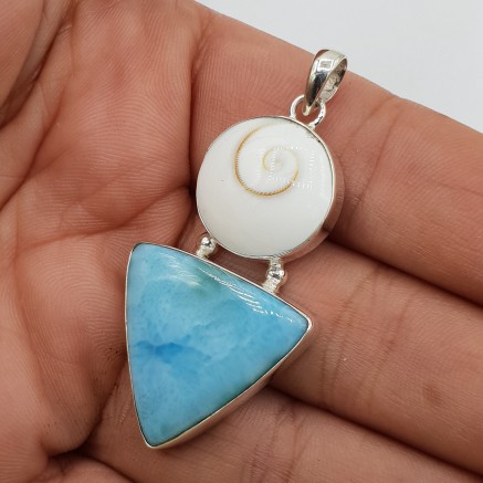 925 Sterling Silver Pendant with Larimar and Shiva Schelp