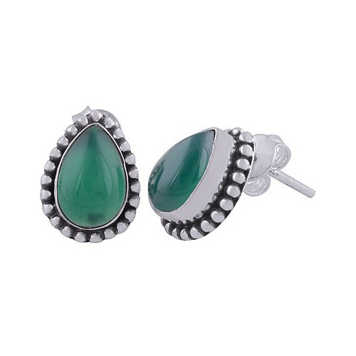 925 Sterling silver ear buttons Green Onyx