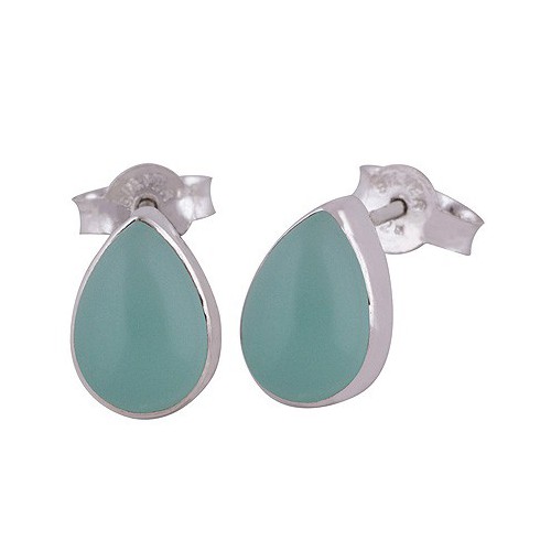 Silver ear buds set with drop -shaped Aqua Chalcedone