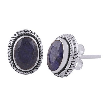 925 Sterling silver ear buttons with oval sapphire