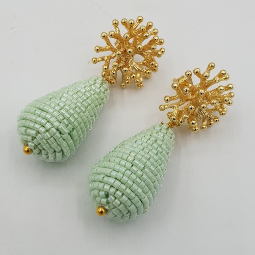 Gilded earrings with a drop of mint green glass beads