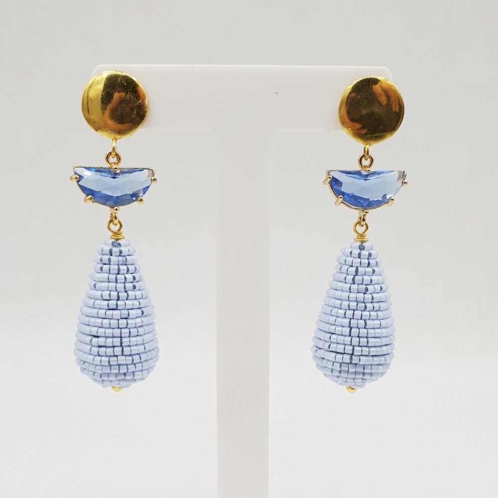 Gilded earrings with crystal and drop of blue glass beads