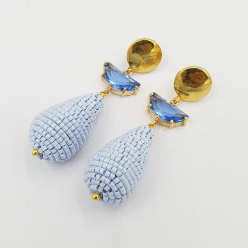 Gilded earrings with crystal and drop of blue glass beads