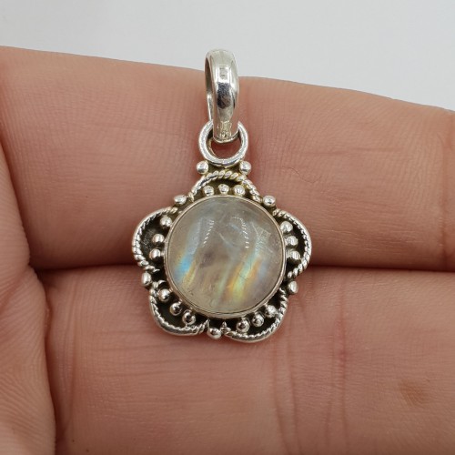 925 Sterling silver pendant round rainbow moonstone