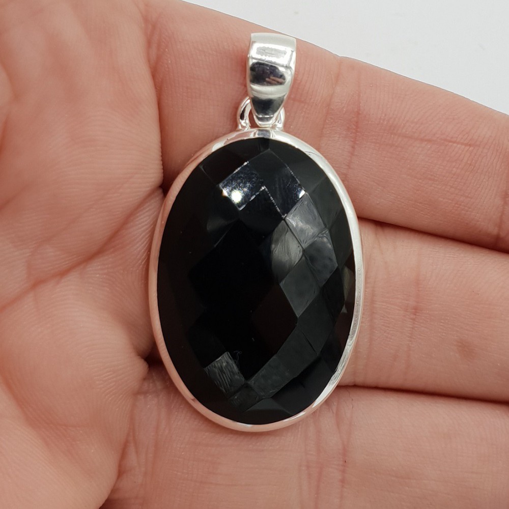 Silver gemstone hanger oval facet cut black onyx